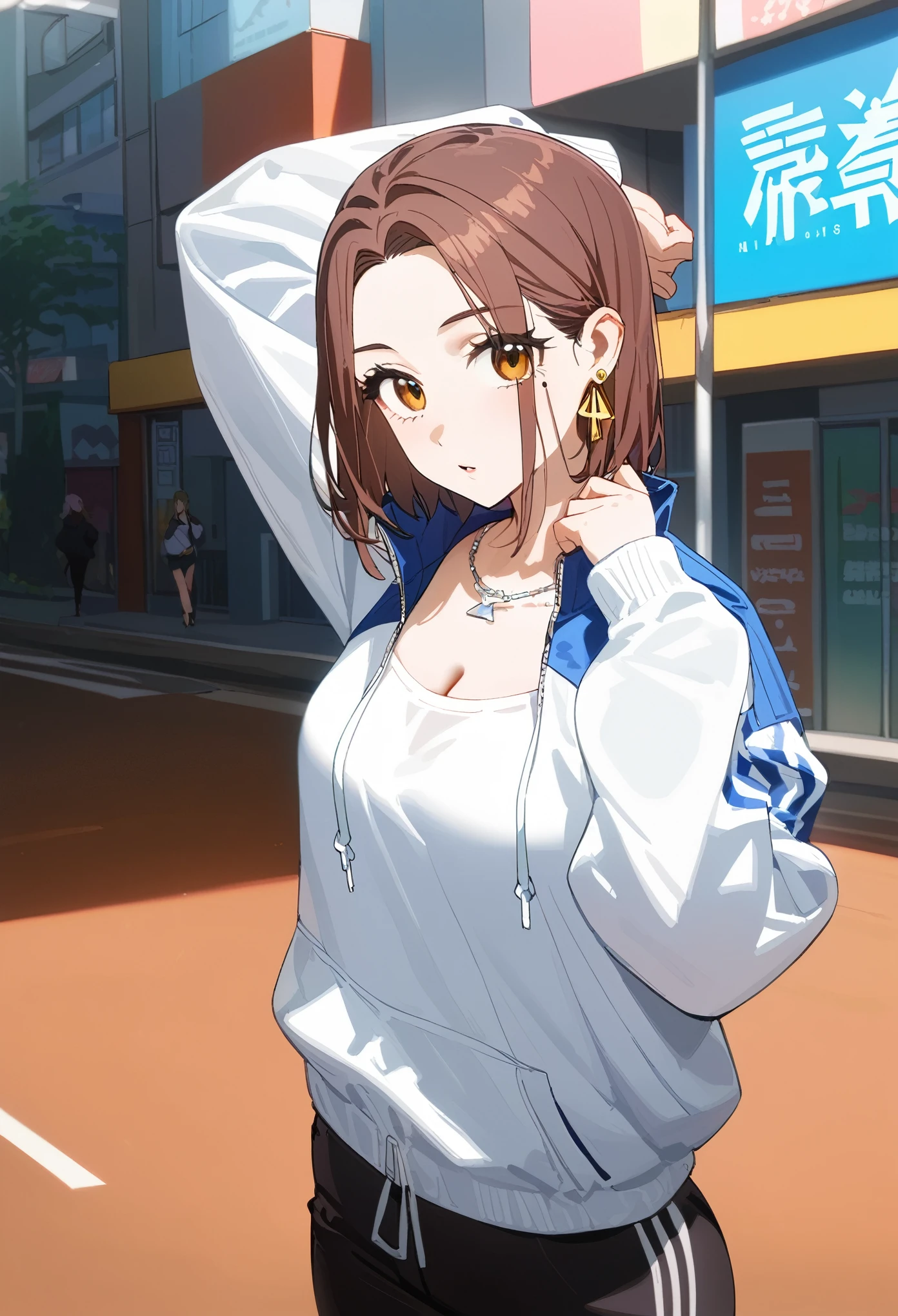 (masterpiece, best quality:1.2), 1 girl, alone, (adult, mature woman), tachibana kotoha, /(wind breaker/), looking at viewers, brown medium short hair, brown eyes, earrings, mole under left eye, alluring face, parted lips, fashionable black sportwear, blackwear, techwear, fashion, cleavage, (pose, model, photoshoot), in the middle of japan city, morning exercise