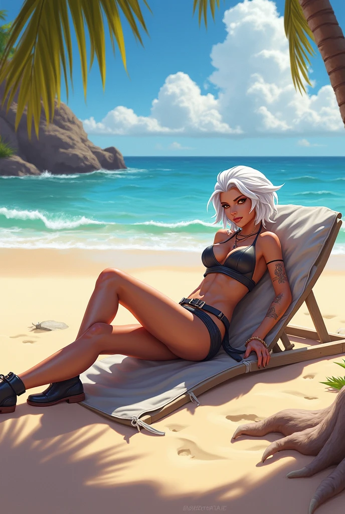 Beautiful picture of fade_valorant sitting on the beach enjoying the view, bikini, sitting on a rock, sunset, shoulders tattoo of a bear paw