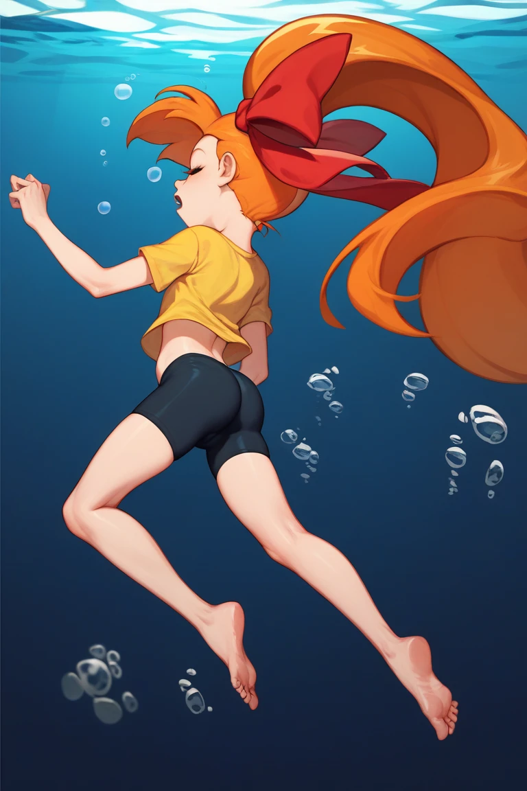 score_9, score_8_up, score_7_up, 1girl, source_anime, (teenage girl) orange hair, ponytail, red bow, very long hair, flat chest, Powerpuff Girls style, navy blue bike shorts, tiny yellow t-shirt, ((Diving underwater)), unconscious state, scared, asleep, arms down, body back turned, Raised butt, Firm legs, dark background, floating unconscious, full body back turned, 