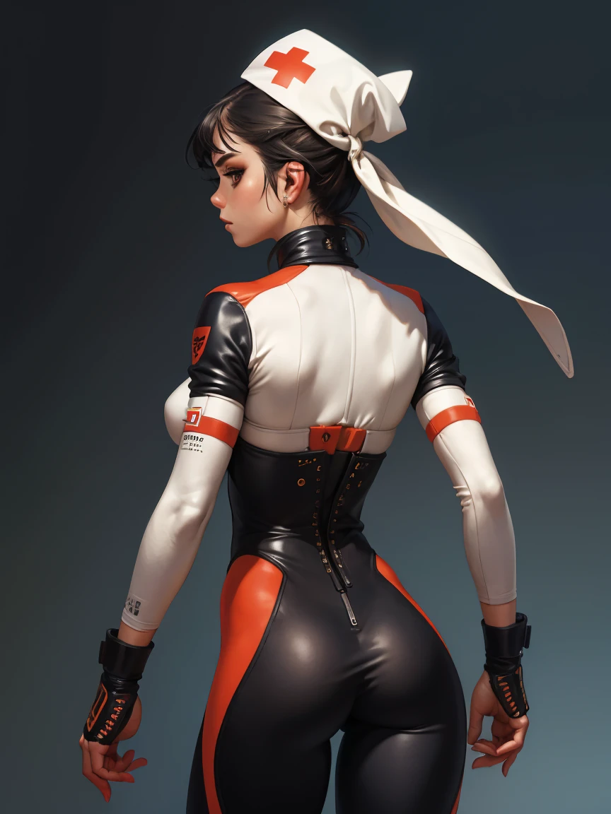 (((with your back to the viewer))), (((best qualityer))), (((perfectbody))), (((bared shoulders))), (((1girl))), (((Annie Lennox))), ((( back view ))), (((perfect ass))), (((Soviet star))), (((Yellow stars))), (((hair shaved on the sides))), ((high collar)), (((best qualityer: 1.4))), (Unbeatable masterpiece), (hiper HD),(CG 8k hyper-realistic), (((black short cut hair style))), (((breasts big))), (((hyper feminine))), sexly girl, Tron,（(super short white hair)), ((( sculptural body ))), (((1 girl))), garota cibernética de 25 anos com perfectbody,,Beautiful and well-groomed face,muscular body:1.2,gradient color detailed jacket, (Head to thigh photos)， Complex equipment, green dark，Long pants, (((standing alone))), pirralha violent, (((14歳))), sexly, pose de atitude, work of art, post-apocalypse, (((manga style))), bounty hunter, violent, Manic, the way you want, slenderbody, thin but strong, perfectbody, roupa moderna, advanced technology, neon, sleeves with vertical striped pattern, neutral background, (( cowboy shot )). intricate visual