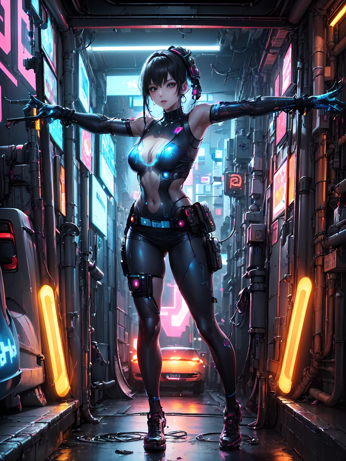 ( blue cyberpunk background : 1.5)、side body, upper body, (Various poses : 1.5), ( there is a transparent tube 、A car runs through it  : 1.5), a high school girl standing in front of a fractal art background with colorful clouds, wearing color contact lenses, extremely detailed, best quality, masterpiece, official art, beautiful and artistic