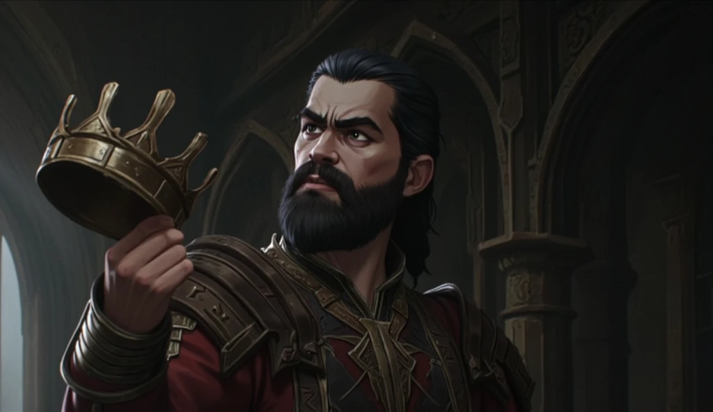 ((masterpiece)) ((photography)) ((Highest quality)) 2D Anime style, a side angle showing the bearded king, 40 years old black hair, throwing the crown onto the shattered floor. His face is filled with grief and frustration, his bushy beard streaked with gray, adding to his weary expression. His eyes burn with regret as he watches the crown fall. His weathered, dented armor is a testament to years of fighting. The broken throne is behind him, barely standing in the dim light, symbolizing the collapse of his empire.