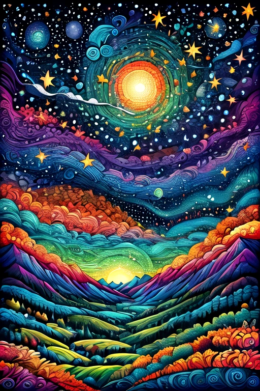 zentangle style painting:constellations and night sky,illustration style,draw with thick lines,detailed pattern,cute,pop,Gentle color,Cast colorful spells,nice background image,masterpiece,highest masterpiece,Light and shadow,draw carefully,Fractal Art,rendering,Bright colors,fantasy,fancy,rendering,magic element,