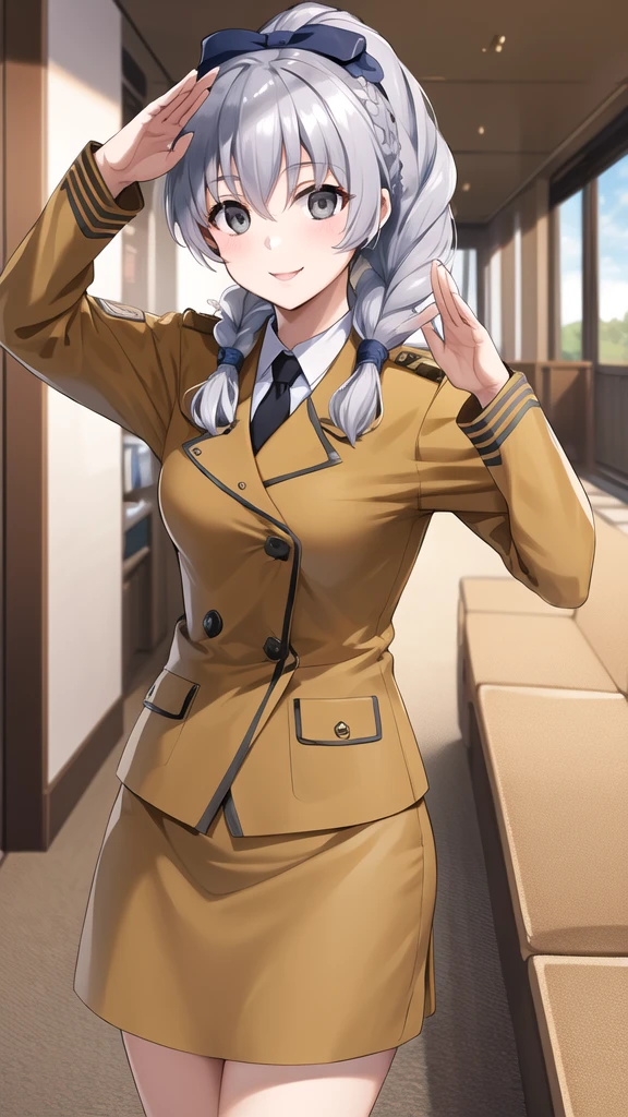 masterpiece, best quality, highres, 1girl, solo, military uniform, braided ponytail, single braid, grey eyes, grey hair, black necktie, blue bow, brown skirt, salute, smile, indoors, cowboy shot