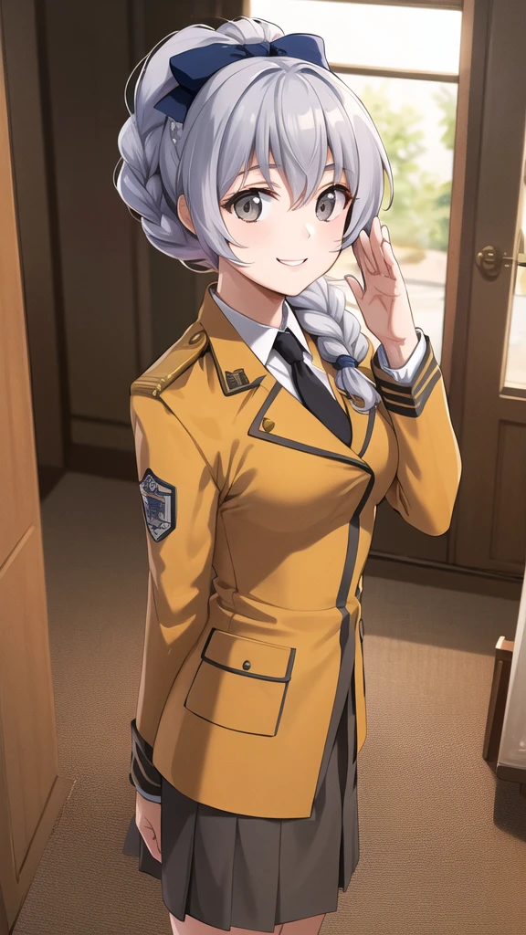 masterpiece, best quality, highres, 1girl, solo, military uniform, braided ponytail, single braid, grey eyes, grey hair, black necktie, blue bow, brown skirt, salute, smile, indoors, cowboy shot