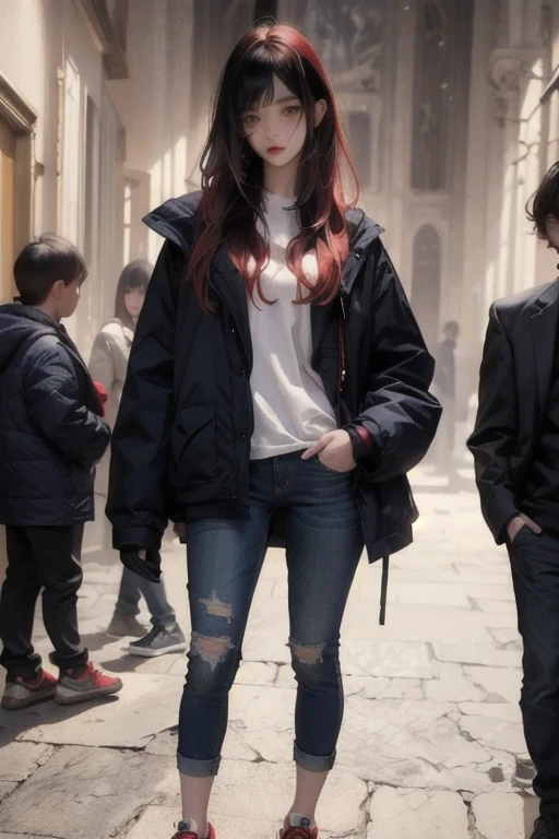  a very young girl ， short， toddler figure ，Red hair color ,  hair is slightly damaged ,  Dark blue eyes， mocking expression on face ， with no one in the background ， yellow oversized jacket，Dirty ,  sneakers,   jeans， standing ，On the shoulder 