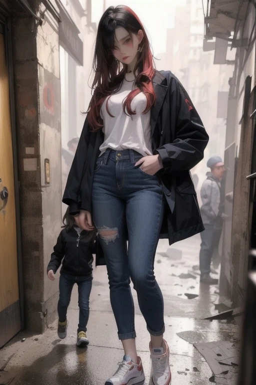  a very young girl ， short，  figure ，Red hair color ,  hair is slightly damaged ,  Dark blue eyes， mocking expression on face ， with no one in the background ， yellow oversized jacket，Dirty ,  sneakers,   jeans， standing ，On the shoulder 