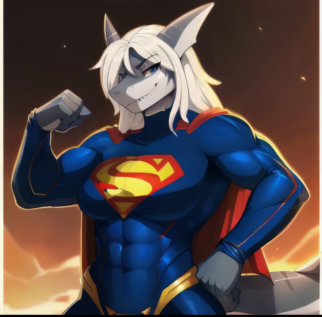 ((Best quality)), strong, muscular, white, cute, dragon, white hair, blue eyes, wearing superman suit, black speedo, flexing
