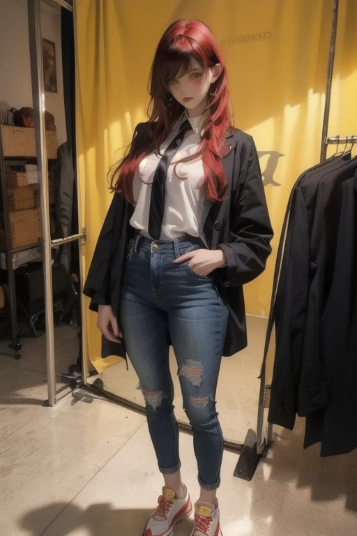  a very young girl ，Installation， short， toddler figure ， flat chest， Thin Thighs ，Red hair color ,  hair is slightly damaged ,  Dark blue eyes， mocking expression on face ， with no one in the background ， yellow oversized jacket，dingy sneakers ,   jeans， standing ，On the shoulder 