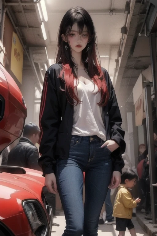  a very young girl ，Installation， short， toddler figure ， flat chest， Thin Thighs ，Red hair color ,  hair is slightly damaged ,  Dark blue eyes， mocking expression on face ， with no one in the background ， yellow oversized jacket，dingy sneakers ,   jeans， standing ，On the shoulder 