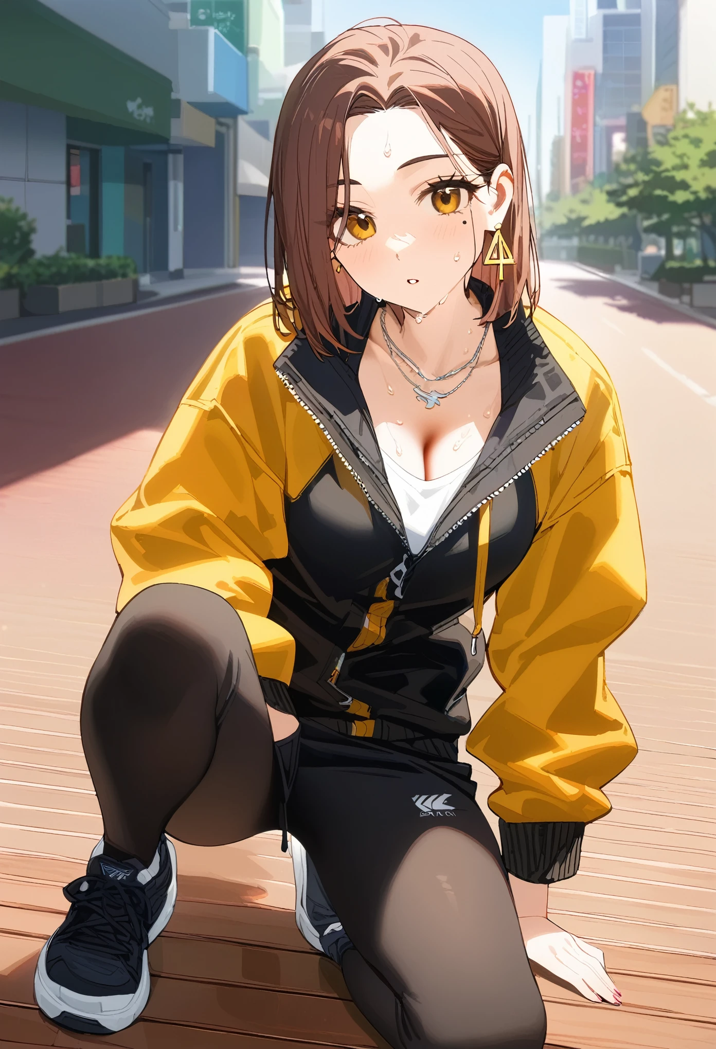 (masterpiece, best quality:1.2), 1 girl, alone, (adult, mature woman), tachibana kotoha, /(wind breaker/), looking at viewers, brown medium short hair, brown eyes, earrings, mole under left eye, alluring face, parted lips, fashionable black sportwear, blackwear, techwear, fashion, cleavage, (sitdown, pose, model, photoshoot), in the middle of japan city, (detailed background), morning exercise, sweaty, wet all over body