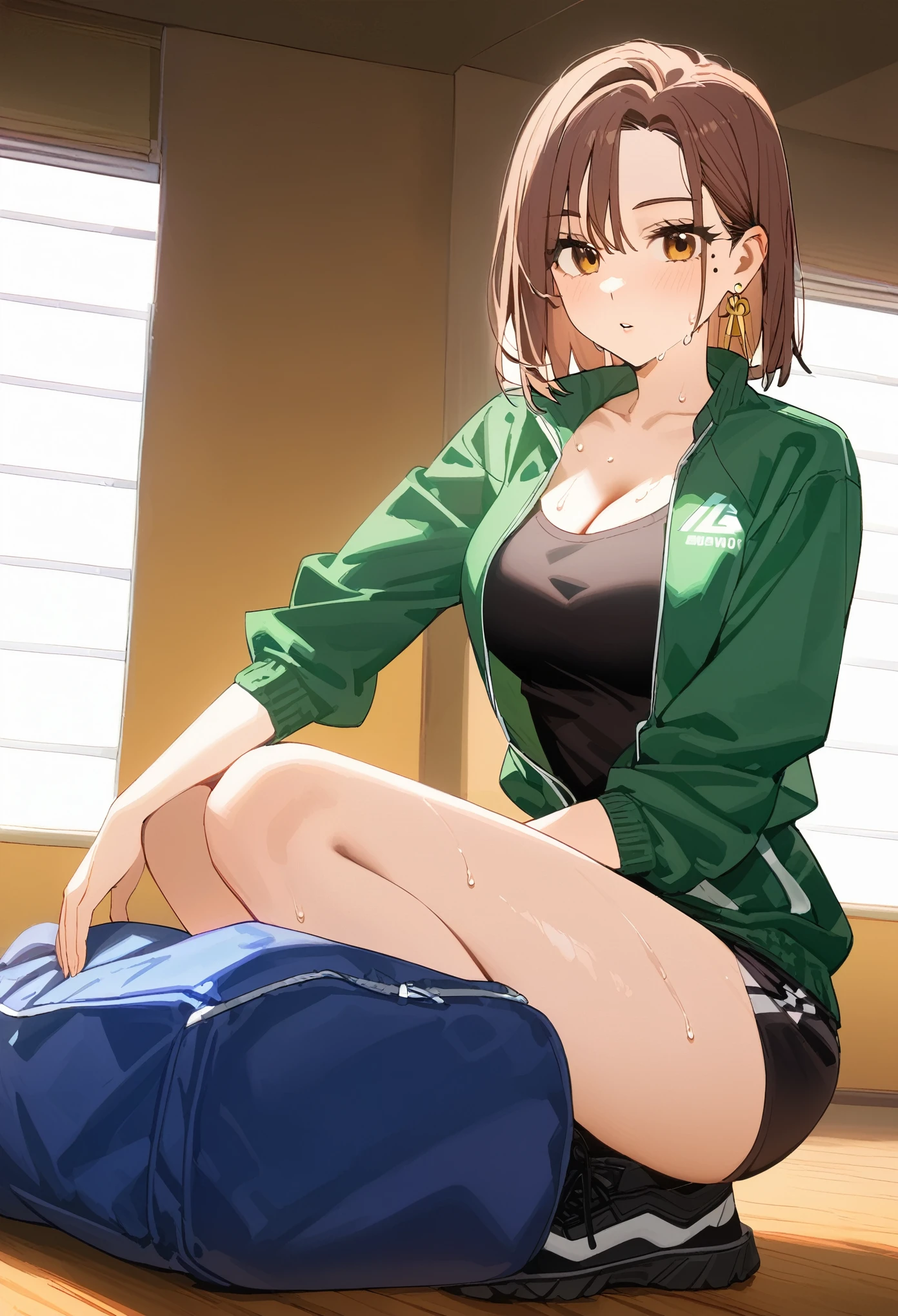 (masterpiece, best quality:1.2), 1 girl, alone, (adult, mature woman), tachibana kotoha, /(wind breaker/), looking at viewers, brown medium short hair, brown eyes, earrings, mole under left eye, alluring face, parted lips, fashionable black sportwear, blackwear, techwear, fashion, cleavage, (sitdown, pose, model, photoshoot), in the middle of japan city, (detailed background), morning exercise, sweaty, wet all over body