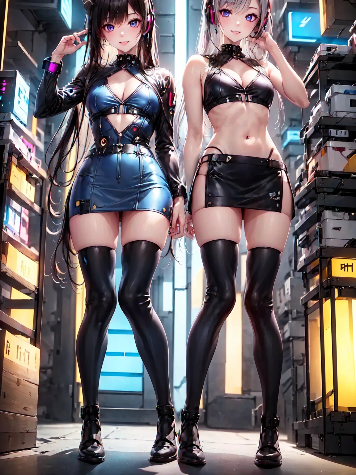 ( blue cyberpunk background : 1.5)、side body, upper body, (Various poses : 1.5), ( there is a transparent tube 、A car runs through it  : 1.5), a high school girl standing in front of a fractal art background with colorful clouds, wearing color contact lenses, extremely detailed, best quality, masterpiece, official art, beautiful and artistic,  2girls,High Resolution, Black Hair, Red Eyes, Twintails, Purple Eyes, Headphones, Anatomically Correct, Best Quality, Very Long Hair, Large breasts, Cat Ear Headphones, Sunglasses, Goggles, Ray Tracing, Reflection Light, Anime Style, Hyperdetailed, 