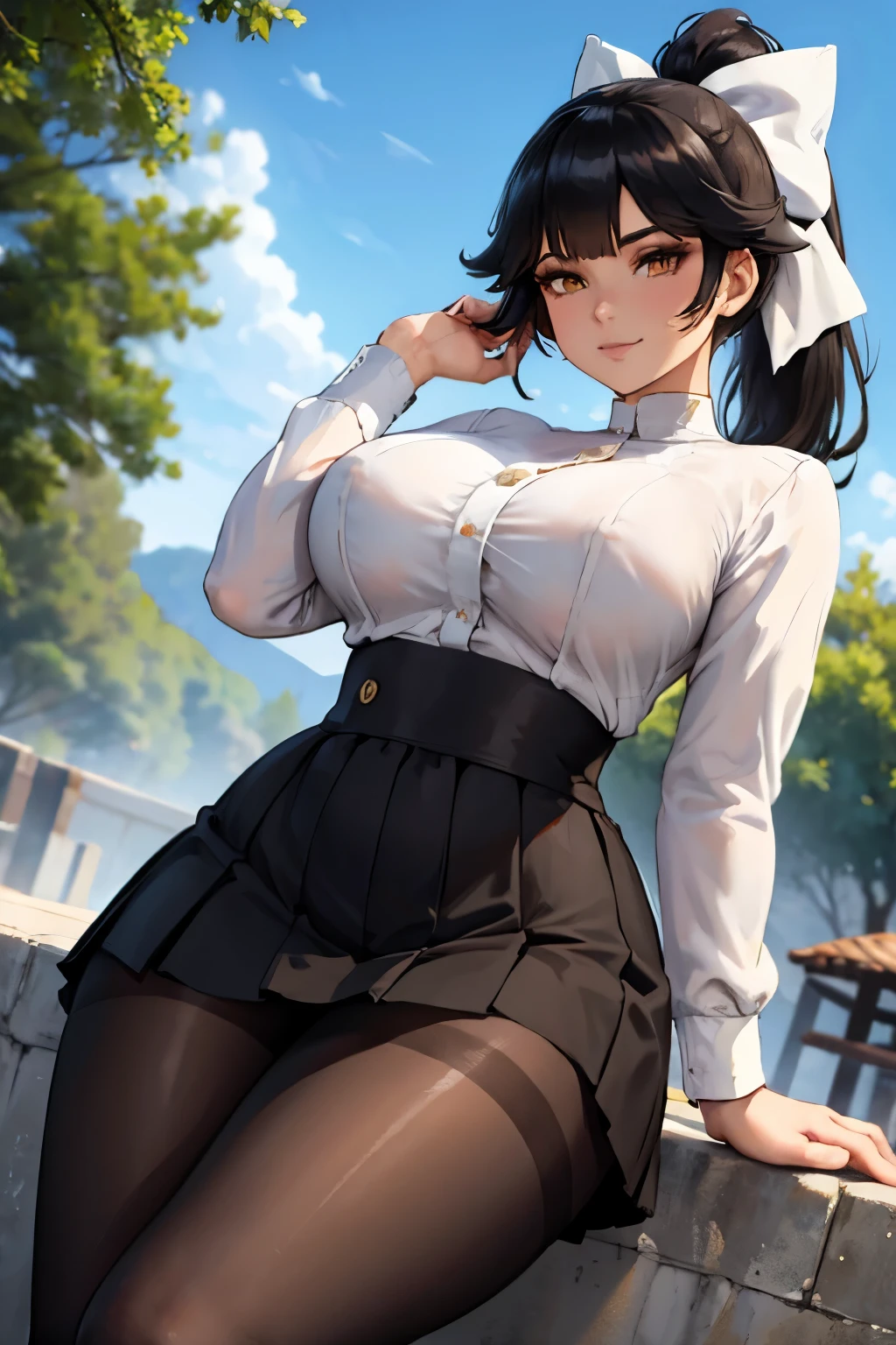 ((plump breasts)), (jambes grasses), ((hills)), ((perfect hands)), ((glossy pantyhose)), (finely detailed eyes and detailed face:1.3), (extremely fine and beautiful:1.1), (Perfect details:1.1), Takao, Azur Lane, black_hair, ponytail, bow, hair_bow, white_bow, bangs, hair_flaps, miniskirt, yellow_eyes, gloves, katana, pleated_skirt, skirt, white_gloves, white_skirt, (black_pantyhose:1.2), long_sleeves, smile, outdoors, ((glossy black pantyhose)), (view from below),