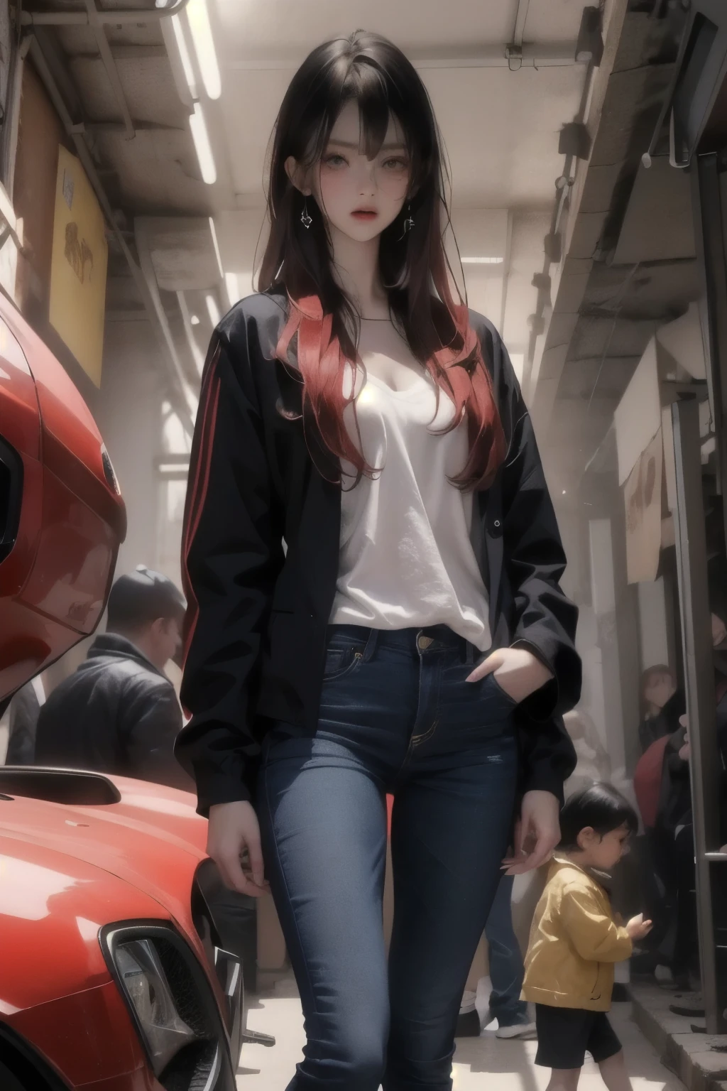  a very young girl ，Installation， short， toddler figure ， flat chest， Thin Thighs ，Red hair color ,  hair is slightly damaged ,  Dark blue eyes， mocking expression on face ， with no one in the background ， yellow oversized jacket，dingy sneakers ,   jeans， standing ，On the shoulder 