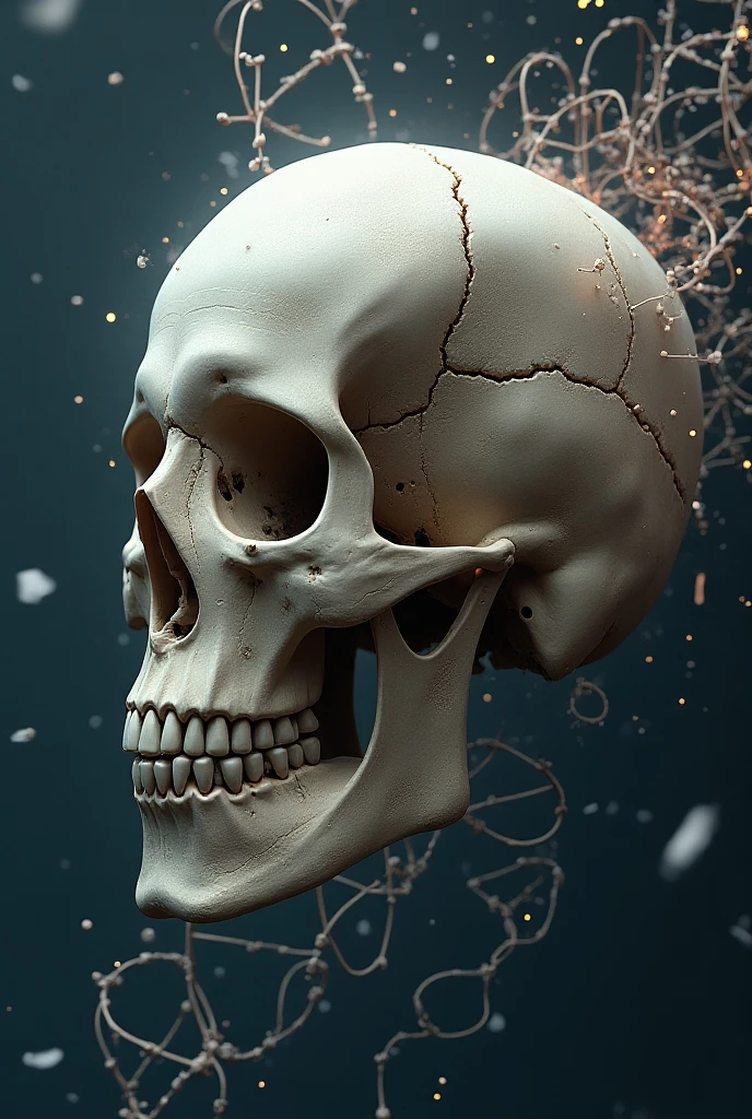 create an artwork in just white with a black background of a skull head looking forward, that the two eyes appear on the left side normally and from the middle to the right side disintegrating,
the right half disintegrating quite a bit, turning to dust, and around atoms demonstrating matter
