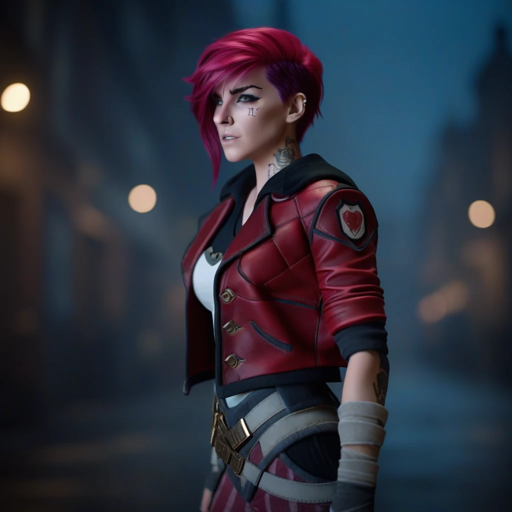  cinematic photo of a woman,  full body , pink hair,  red jacket ,  Punches, both arms with their fists closed, ready for combat, facing the camera,  steampunk city scenery , (((text “VI" )))  . 35mm Photography, film, bokeh effect,  Professional, 4K, highly detailed