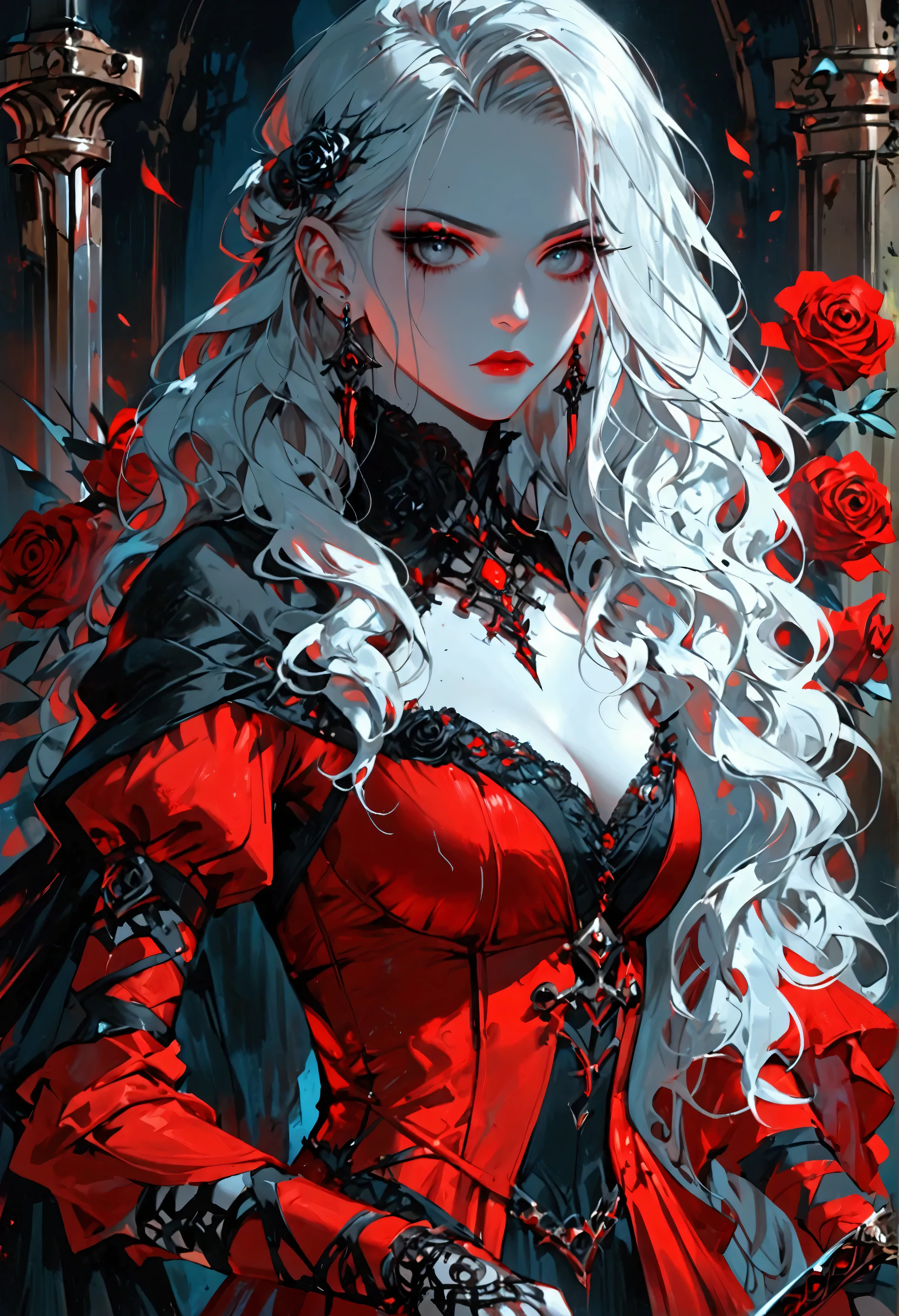 score_9, score_8_up, score_7 Arafed, Dark fantasy art, fantasy art, goth art, a picture of a female vampire, (full body shot: 1.3) pale white skin, blond hair, anatomically correct, Ultra detailed face, Best Detailed face, long hair, wavy hair, (glowing grey: 1.3) eyes, she wears a (red: 1.3) red thigh suit, she holds a sword in hand, (ready for battle: 1.4) , the roses are imprinted on the suit (black: 1.4) black roses, high heels, , dark glamour shot, dark castle, dark, black and color, PASTELGOTH,