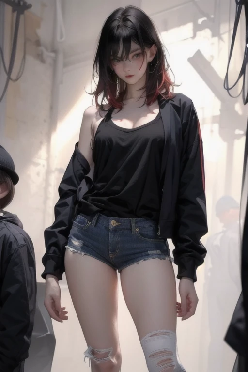  a very young girl ，Installation， short， toddler figure ， flat chest， Thin Thighs ，Red hair color ,  hair is slightly damaged ,  Dark blue eyes， mocking expression on face ， with no one in the background ， yellow oversized jacket，dingy sneakers ,    damage jeans ， standing ，On the shoulder 