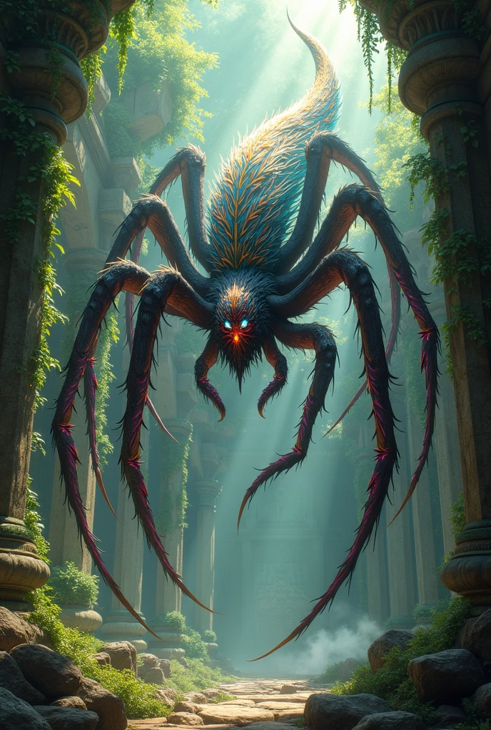 "Create an ultra-realistic masterpiece of a hybrid between a spider and Quetzalcoatl, featuring a majestic body adorned with vibrant feathers and intricate web patterns. The creature should have multiple legs and a long, flowing tail. Set this hybrid in a lush, ancient temple with overgrown vines and ethereal light, enhancing its divine presence. Incorporate abilities like weather manipulation and the power to weave dreams, creating an enchanting atmosphere."