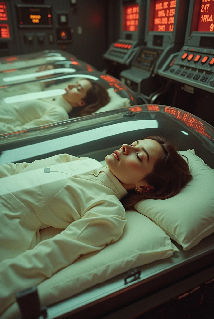 A Kodak Gold 400 photo of a 40-year-old woman lying in a cryo-chamber in a spaceship. The cryo-chamber is placed horizontally, parallel to other cryo-chambers and looks like a sarcophagus with coxcomb cables running to it. Red marks (numbers, symbols) of the parameters are reflected on the organic glass. Further on, you can see the same cryo-chambers with other colonists who are to inhabit the exoplanet. The background is a spaceship with a complex control panel.