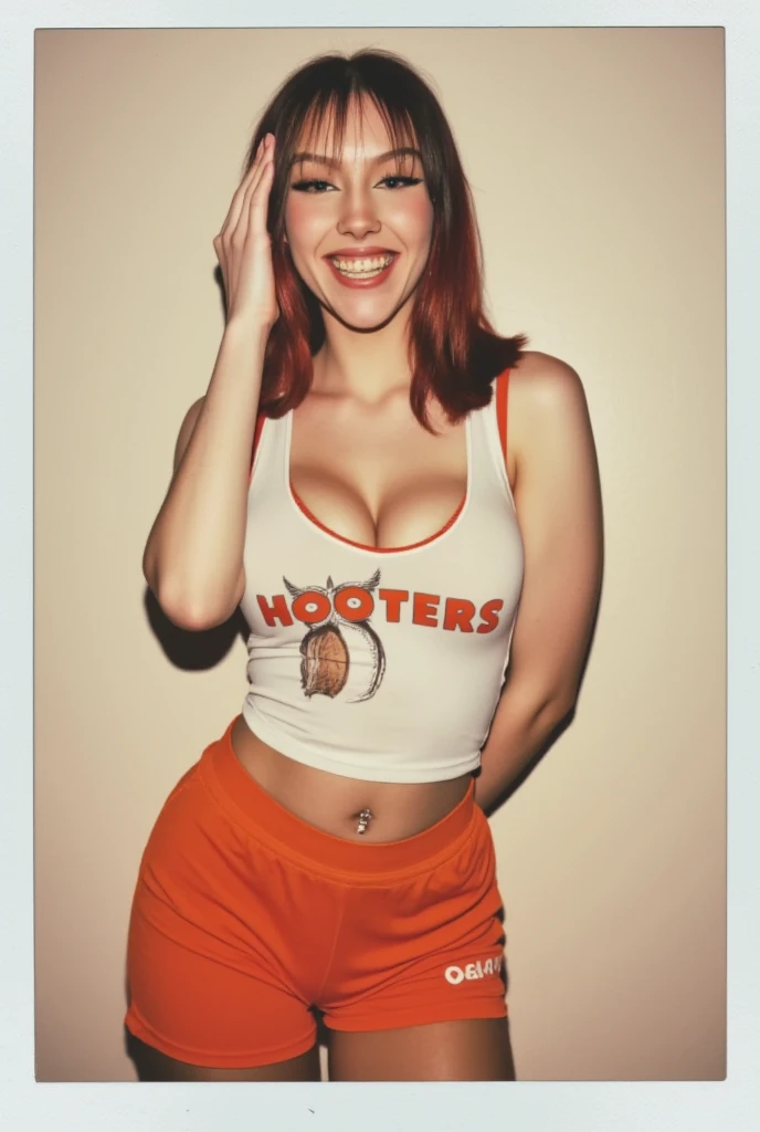 polaroid photo of Kat wearing a hooters uniform, white tanktop, orange skort, grin on her face, plain background