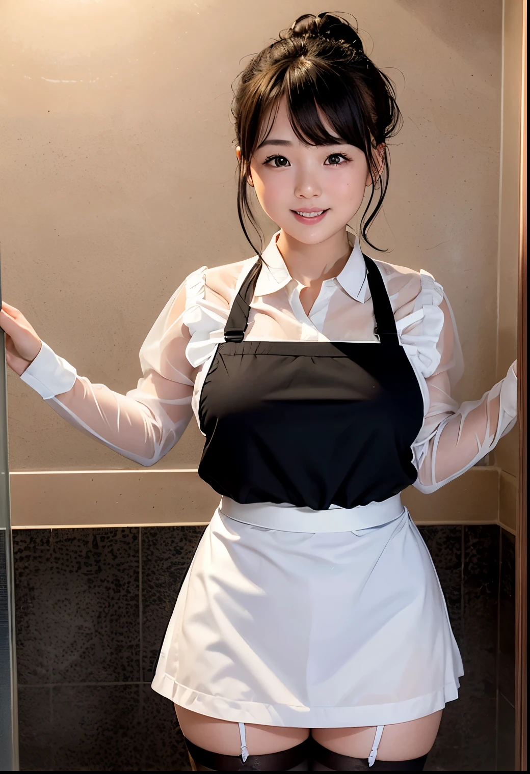 (8K Photo Quality、Ultra-high resolution、masterpiece, Highest quality),1 girl, 16-year-old girl、alone, ((whole body))、(((Naked Apron)))、Mini apron、(((white frilly maid apron)))、((The apron is made of lace fabric.))、kitchen、(((close your eyes, Look up a little, Make a kissing face.)))、Kiss welcomes photographers、