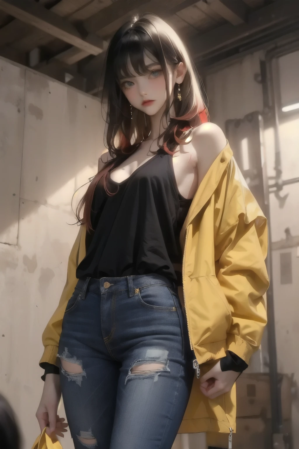  a very young girl ，， short， toddler f flat chest， Thin Thighs ，Red hair color ,  hair is slightly damaged ,  Dark blue eyes， mocking expression on face ， with no one in the background ， yellow oversized jacket，dingy sneakers ,    damage jeans ， standing ，On the shoulder 