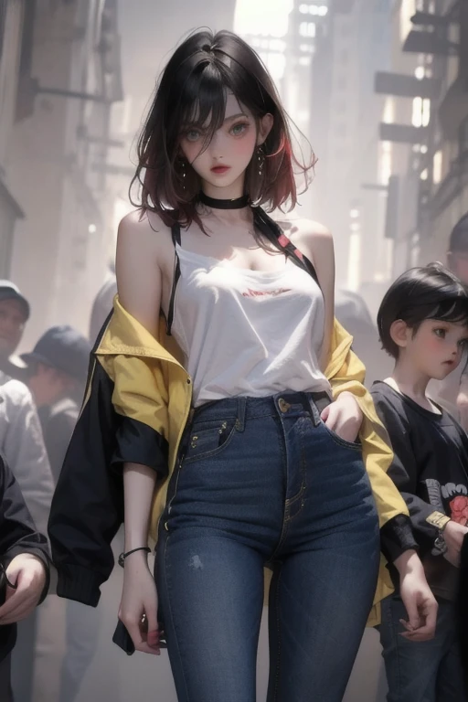  a very young girl ，Baby Face，Very short stature， toddler figure ， flat chest， Thin Thighs ，Red hair color ,  hair is slightly damaged ,  Dark blue eyes， mocking expression on face ， with no one in the background ， yellow oversized jacket， Off Shoulder ， open fly，dingy sneakers ,    damage jeans ， standing ，On the shoulder 