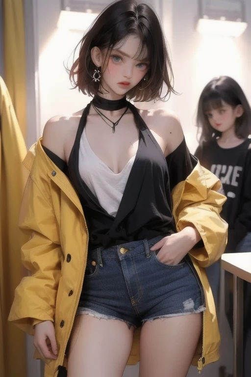  a very young girl ，，Very short stature， s， toddler f flat chest， Thin Thighs ，Red hair color ,  hair is slightly damaged ,  Dark blue eyes， mocking expression on face ， with no one in the background ， yellow oversized jacket， Off Shoulder ， open fly，dingy sneakers ,    damage jeans ， standing ，On the shoulder 