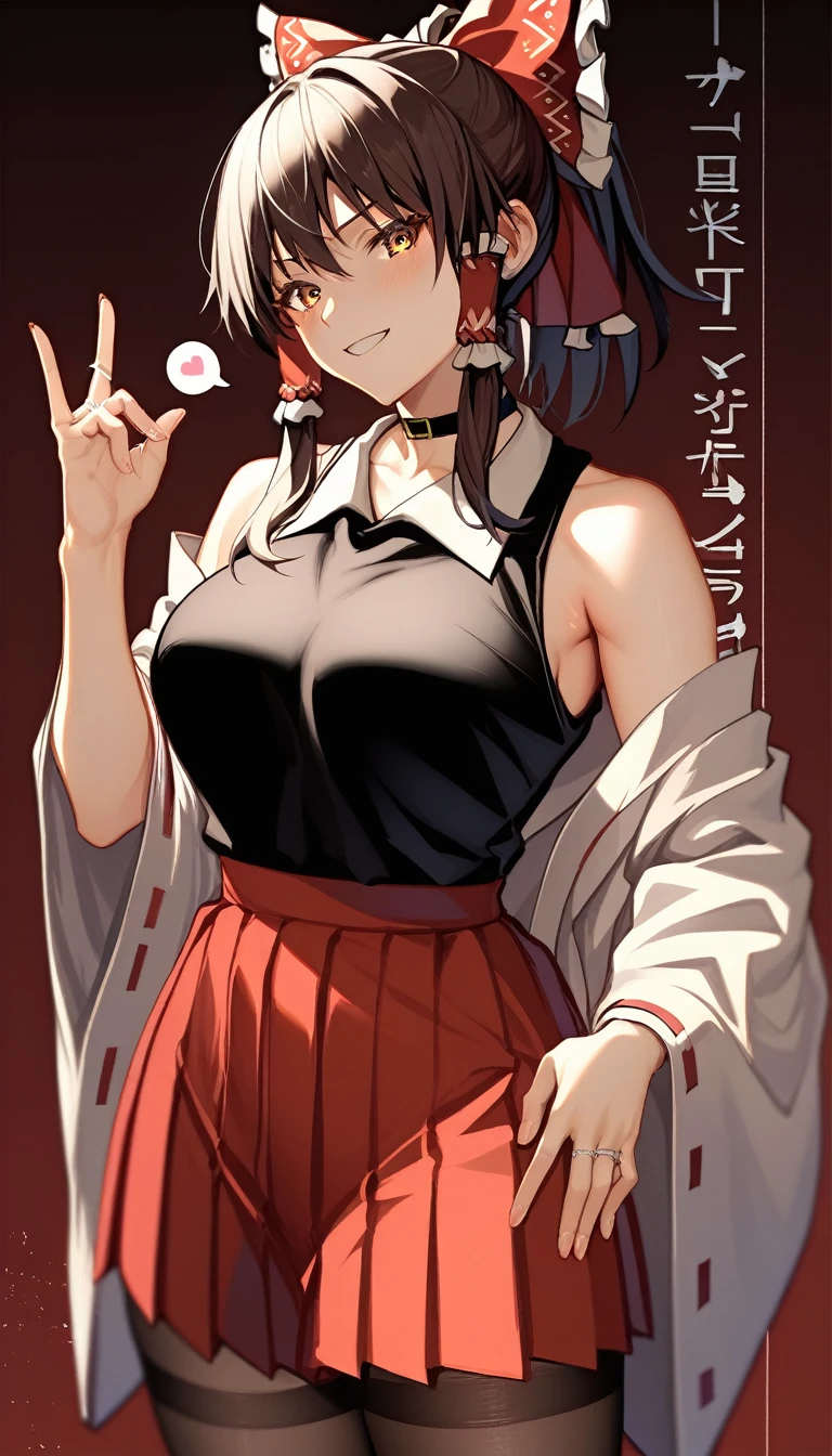 masterpiece,  best quality, 1 person, detailed background、A person who writes in detail、 accurate human body、Knowledgeable person、( accurate 5 fingers ), female high school student female,Thighsが太い,curvy body、Thighs、Alone,(middle breasts), 1girl,hakurei reimu, Wedding ring on left ring finger,my wife,choker,ponytail hair,black tights,miko_clothes,bare shoulder,black_undershirts