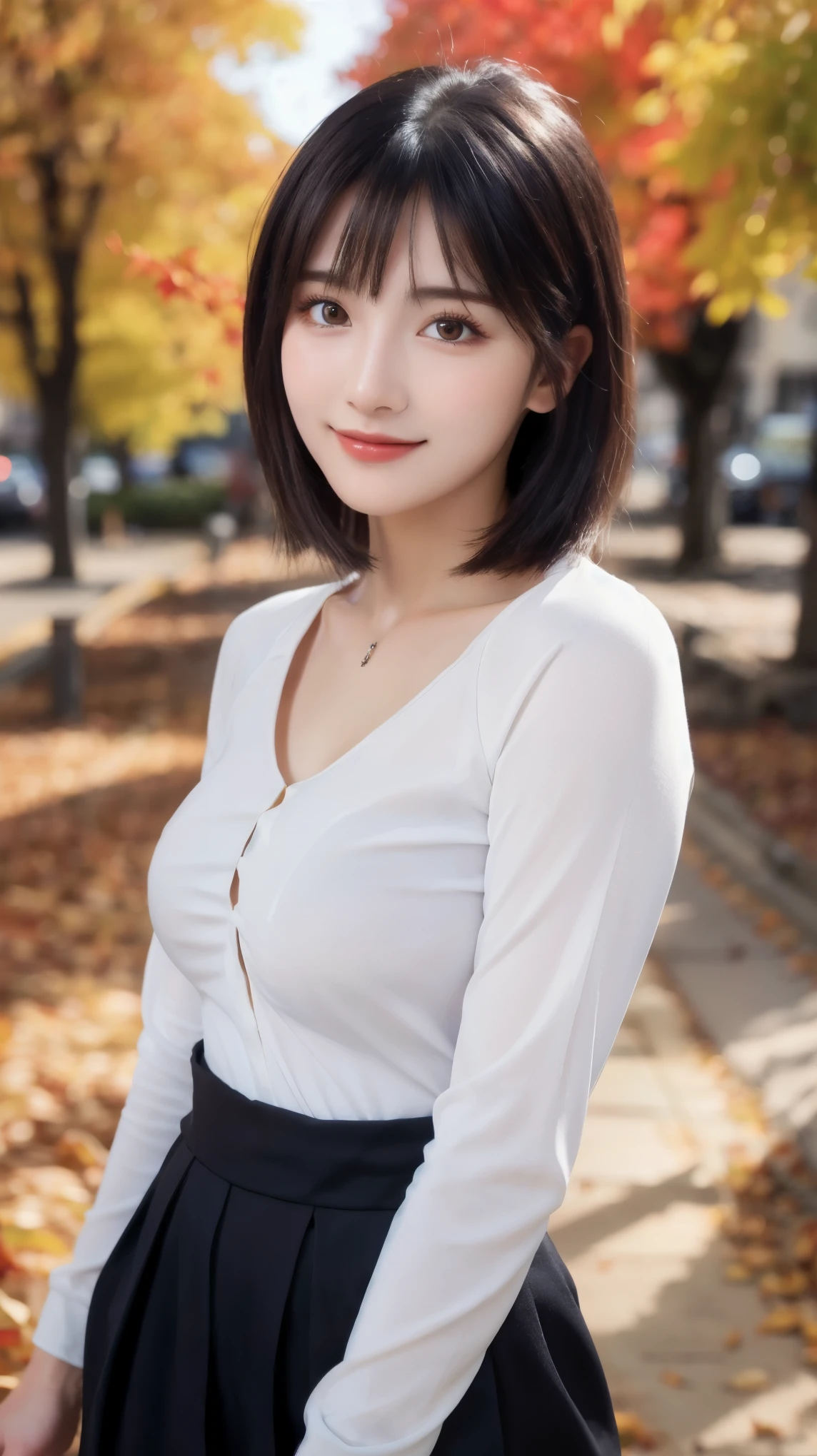 (8k, RAW Photo, Best Quality, Masterpiece:1.2), table top, Ultra Detail, Super Resolution, (Realistic, Realistic Photo:1.37), Portrait, High Detail RAW Color Photo, Professional Photo, Extremely Detailed and Beautiful, Extremely detailed, 8k wallpaper, amazing and detailed, huge file size, official art, highly detailed CG unity 8k wallpaper, highly detailed beautiful girl, highly detailed face, highly detailed eyes, highly detailed skin, highly detailed fingers, highly detailed nose, very detailed detailed mouth , perfect anatomy, highly detailed background, highly detailed clothes, (1 girl in), cute girl, realistic body, fair skin, glowing skin , slim body, handsome body, black hair , semilong hair, (blunt bangs:1.2), smile, cute, youthful, cute face, realistic face, delicate eyes, drooping eyes, looking at viewer, facing front, standing posture, Contraposto, (large breasts), (Perfect Body Proportions), (slender Body Proportions), super sexy pose, (late autumn outfit), Detailed and actual skin texture, (The precincts of autumn leaves),