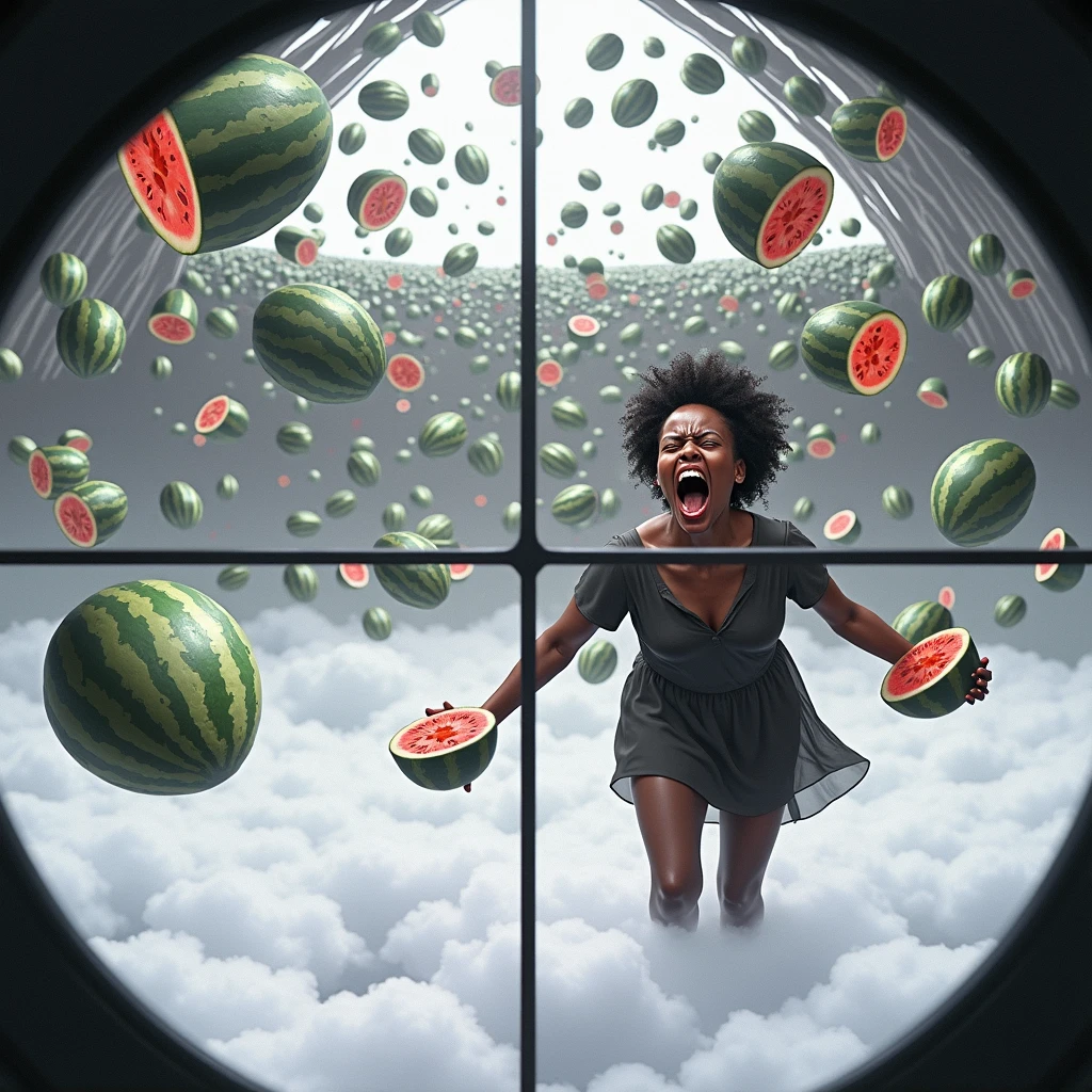 Black woman screaming franticly, watermelons falling from the sky