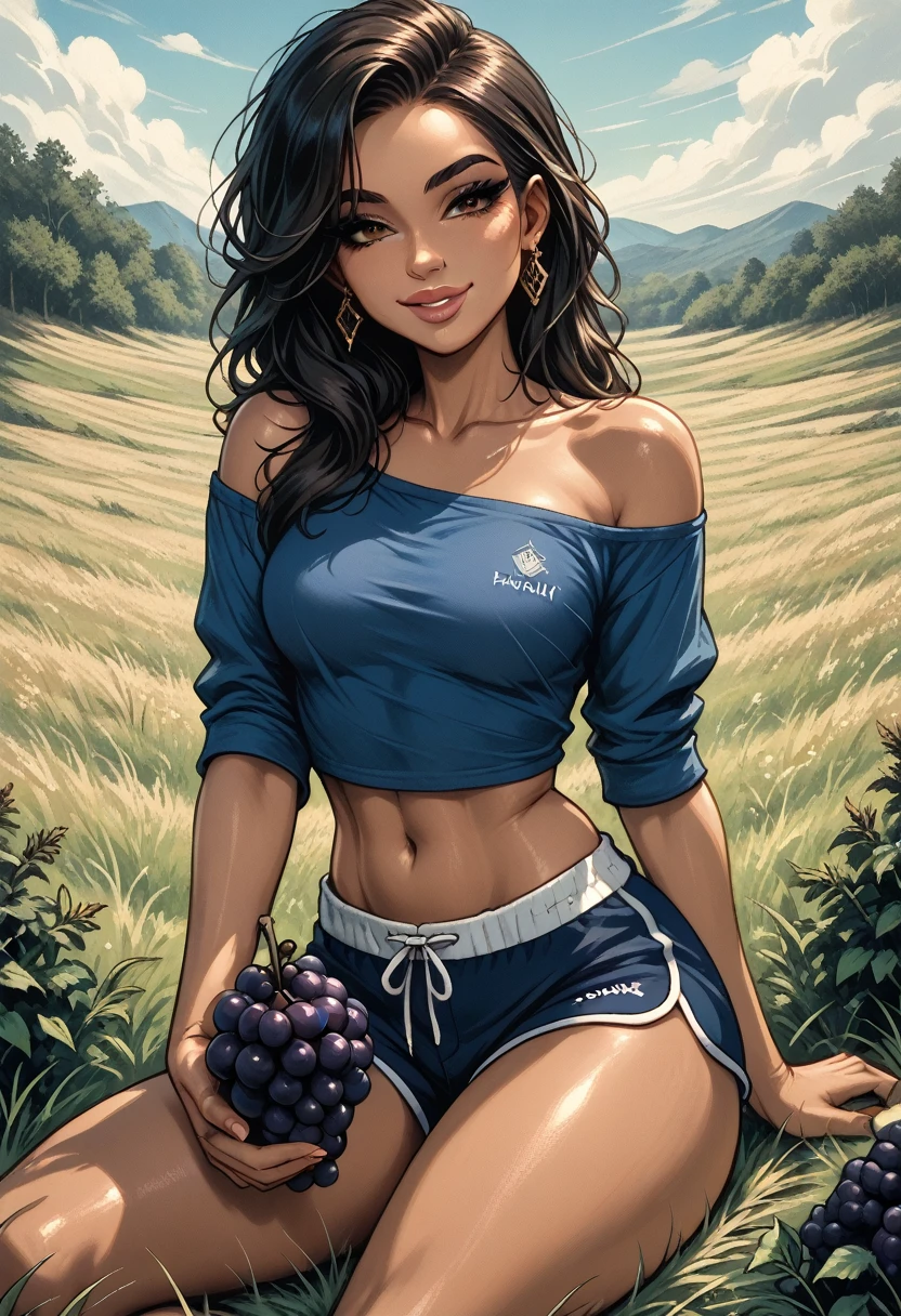  Instagram photo Beautiful Brazilian , 20 years old,  Long black hair,  tanned skin ,  brown eyes and beautiful hair , (beautiful smile),  full lips ,  full lips ,  beautiful body ,  thick thighs , (He wears a wide blue shirt with an exposed shoulder and white dolphin shorts)  posing sitting in a field , Hold a bunch of grapes , A gram, daylight,  dynamic pose ,  high definition , perfect anatomy,