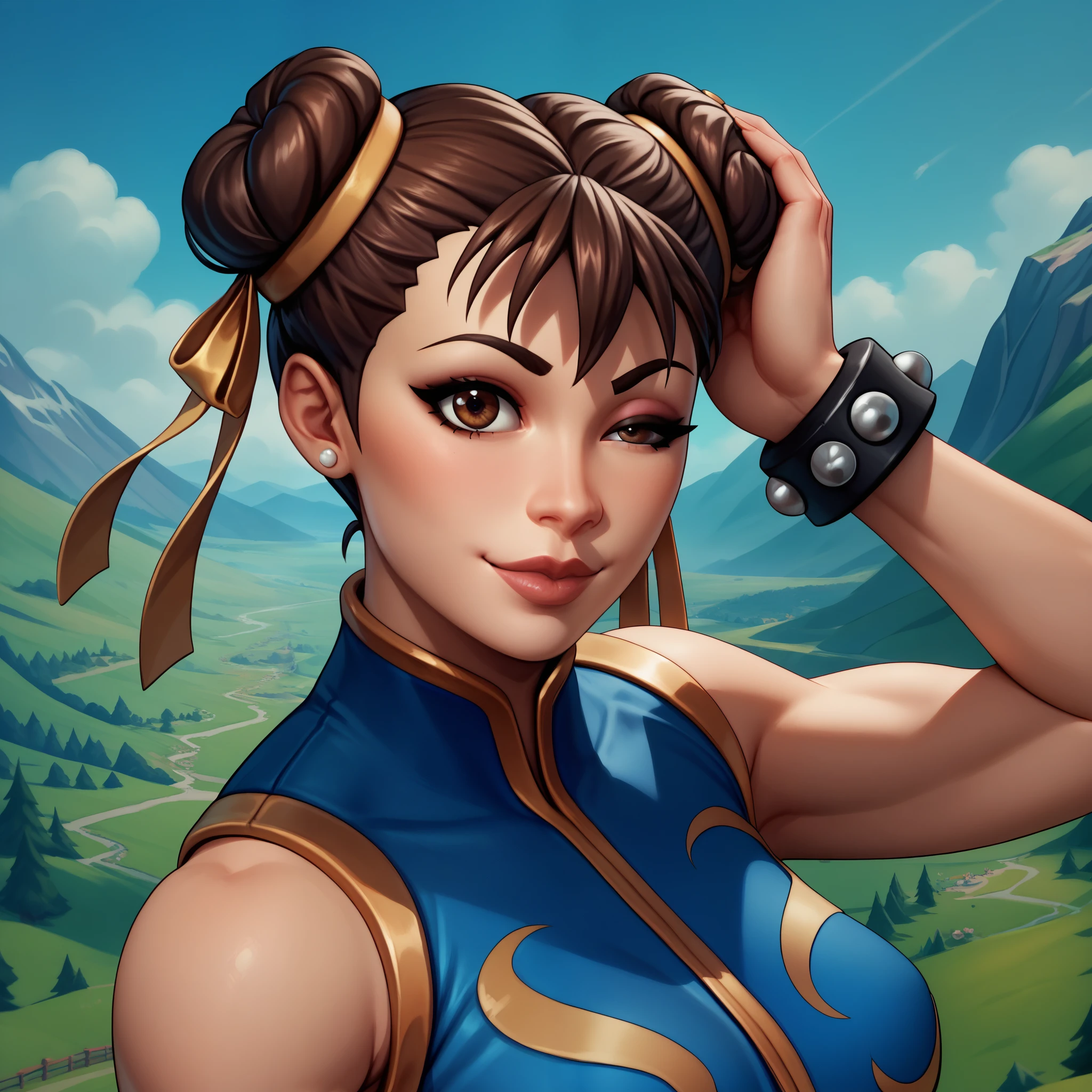 score_9, score_8_up, score_7_up, BREAK, score_9, score_9, score_8_up, score_7_up, BREAK, score_9, smile, closed mouth, one eye closed, hand in head, chunlifortnite, short hair, brown hair, ribbon, brown eyes, jewelry, hair ribbon, sleeveless, hair bun ,bracelet, lips, crop top, double bun ,bodysuit, unitard, studded bracelet, chun-li, landscape, portrait, face focus