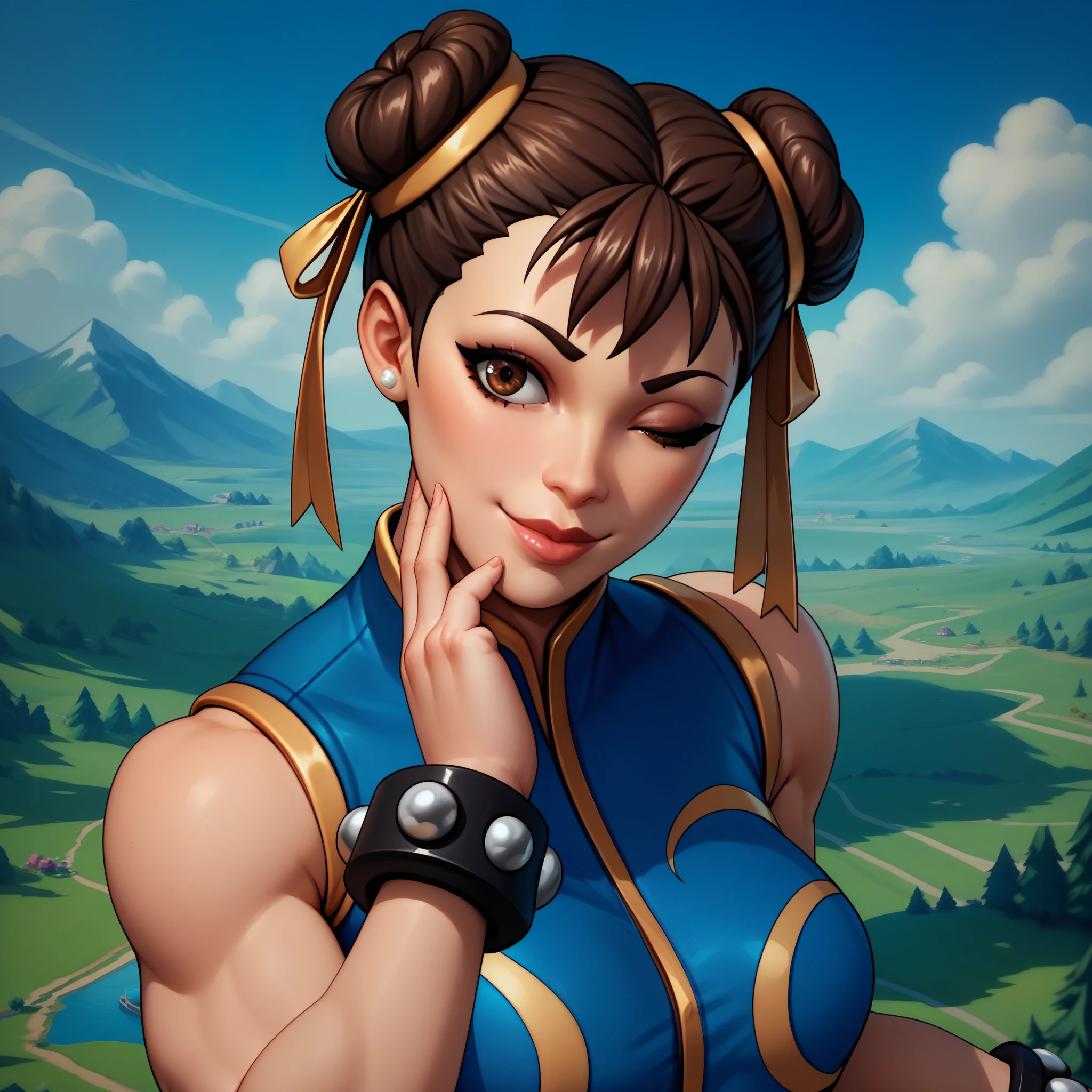 score_9, score_8_up, score_7_up, BREAK, score_9, score_9, score_8_up, score_7_up, BREAK, score_9, smile, closed mouth, one eye closed, hand in head, chunlifortnite, short hair, brown hair, ribbon, brown eyes, jewelry, hair ribbon, sleeveless, hair bun ,bracelet, lips, crop top, double bun ,bodysuit, unitard, studded bracelet, chun-li, landscape, portrait, face focus