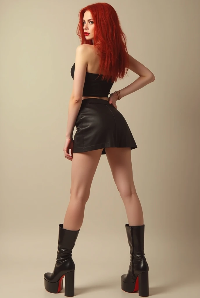 Teenage girl with long red hair and blue eyes fonts. Wear a black low-cut body top, black mini skirt, short socks, black heels, NSFW, Masterpiece, quality: 4k.