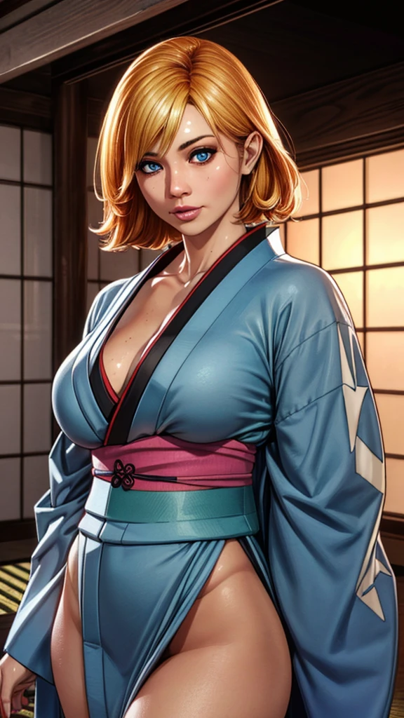 joanna dark, short hair, red hair, blonde hair, blue eyes, (((sexy kimono))), (((tanned skin))), ((fit body)), photorealistic, masterpiece, realistic, realism, photorealism, high contrast, photorealistic, 8k HD high definition detailed realistic, detailed, skin texture, hyper detailed, realistic skin texture, best quality, (photorealistic:1.4), high resolution, detailed, raw photo, photo realistic, (high detailed skin:1.2), 8k uhd, dslr, soft lighting, high quality, film grain, Fujifilm XT3), hyper realistic lifelike texture dramatic lighting unreal engine, even, neutral light, key light, bold, bright colours, (((japanese mansion, traditional japanese mansion)))