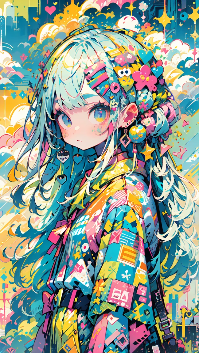 "kawaii, Cute, Adorable girl in pink, yellow, and baby blue color scheme. She wears sky-themed clothing with clouds and sky motifs. Her outfit is fluffy and soft, With decora accessories like hair clips. She embodies a vibrant and trendy Harajuku fashion style."