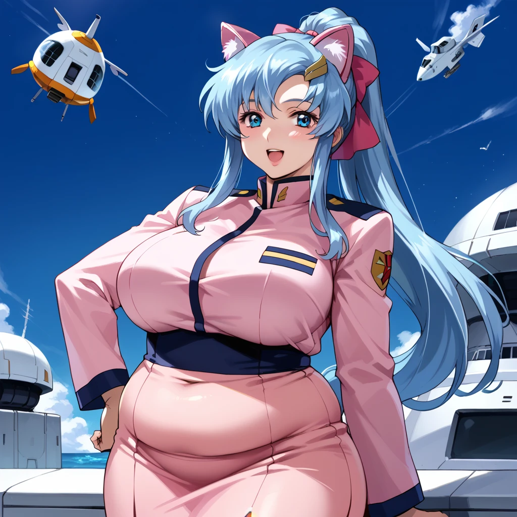 score_9, score_8_up, score_7_up,source_anime,BREAK, gundam_seed, 1girl, She has very long light blue hair ponytail, bright blue eyes, pink metal (mechanical cat ears), round face, pink bows in hair. she is (FAT) and chubby, with very large breasts, a (plump tummy), wide waist, thick arms, belly fat,  wearing a pink officer uniform, with pencil skirt, on a space ship, confident, proud, happy, hand on hip, masterpiece,best quality,amazing quality