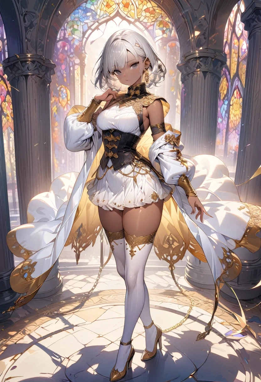 finest image, portrait, beautiful cute woman, amorous expression, lewd expression, white braided bangs iridescent hair, short hair, gold sparkling big eyes, red alluring moist big thick lips, large breasts, slender, perfect proportion, corset dress, skirt lift, black knee high socks, thighs, background fantasy, that emits fantastic light, light particles, light sparkles, petals, scatter gold and silver glitter and confetti, iridescent light particles, detailed and delicate depiction, professional lighting