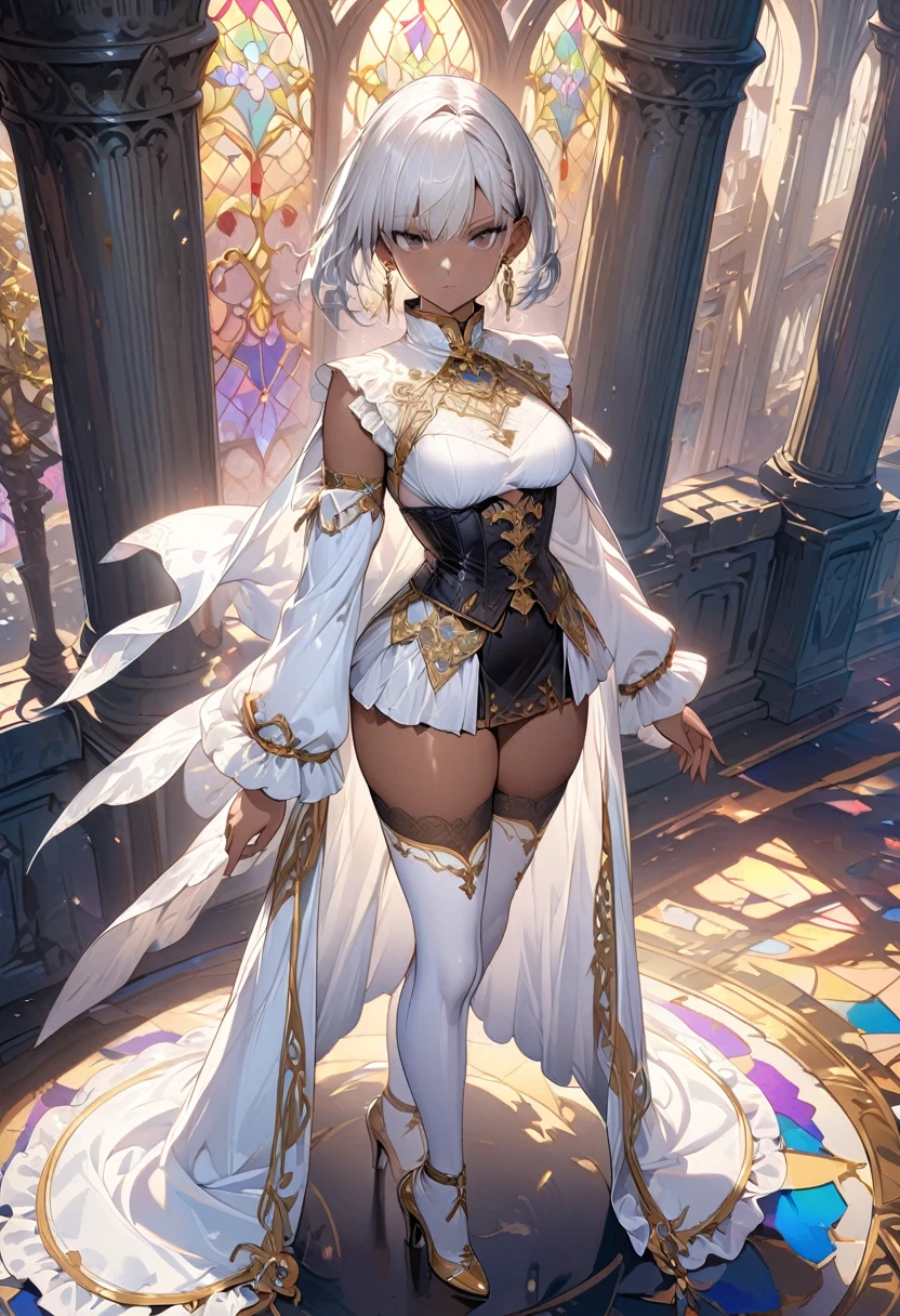 "A stunning black princess with striking short white hair stands on the grand balcony of the royal palace in Emerald City, the capital of Zara Kingdom. Her deep, ebony skin contrasts beautifully with her bright white hair, which shines brilliantly in the midday sun. Dressed in a regal, traditional outfit made of handwoven fabrics adorned with intricate beadwork and vibrant feathers, she exudes grace and authority. As she waves to the gathered crowd below, her smile is warm and genuine, reflecting her deep connection to her people. The palace, with its towering columns and lush, tropical gardens, serves as a majestic backdrop, while the crowd, dressed in colorful attire, cheers and waves back, their faces filled with admiration and love for their princess."