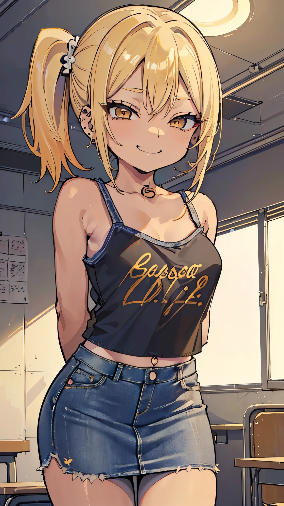 1 female,12 years old,blonde,(miniskirt and big white tank top, (), , natural smile,,,(((leaning forward)))
