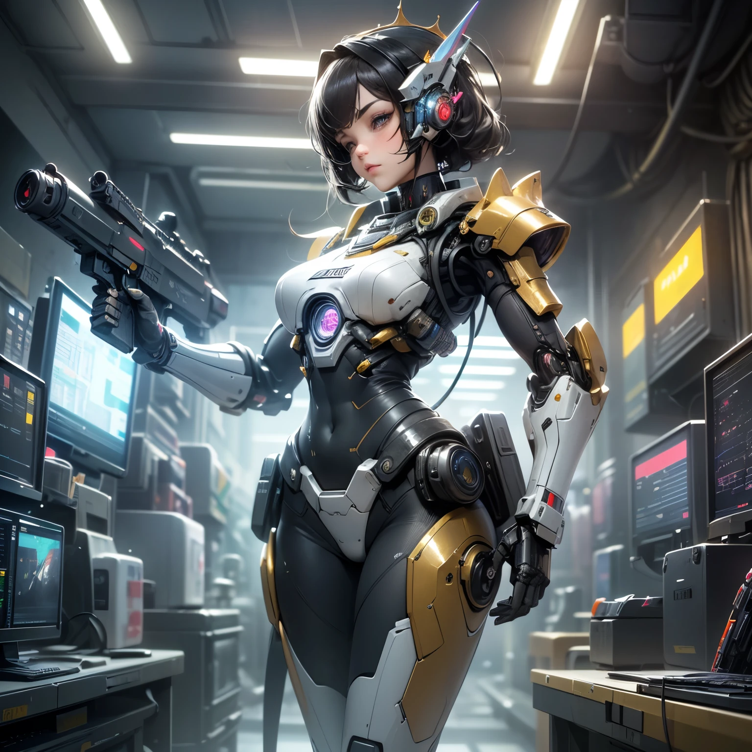 1girl, solo, Japanese girl, (((cyborg:1.4))), cyborg girl, cyborg armor, cyborg clothing, beautiful detailed eyes, finely detail, bright pupils, turquoise eyes, full body, large breasts:0.2, (((floating hair))), looking at viewer, pov, female focus, puffy eyes, short hair, bob hair, air bangs, dynamic pose, dynamic angle, close-up, fighting stance, fighting pose, run forward, running,(((golden metallic color | red metallic color | blue metallic color))),(((Metallic luster, metal reflective, mechanical details, extremely mechanical details, complex mechanical structure))), (((Mirrored Power Armor))), defeated, corpse, bleed, battlefield, mechanized background, giant robot in the background, outdoors, cinematic lighting, Cyberpunk world. Cyberpunk metropolis, neon, Sci-fi style, sfw:1.98,