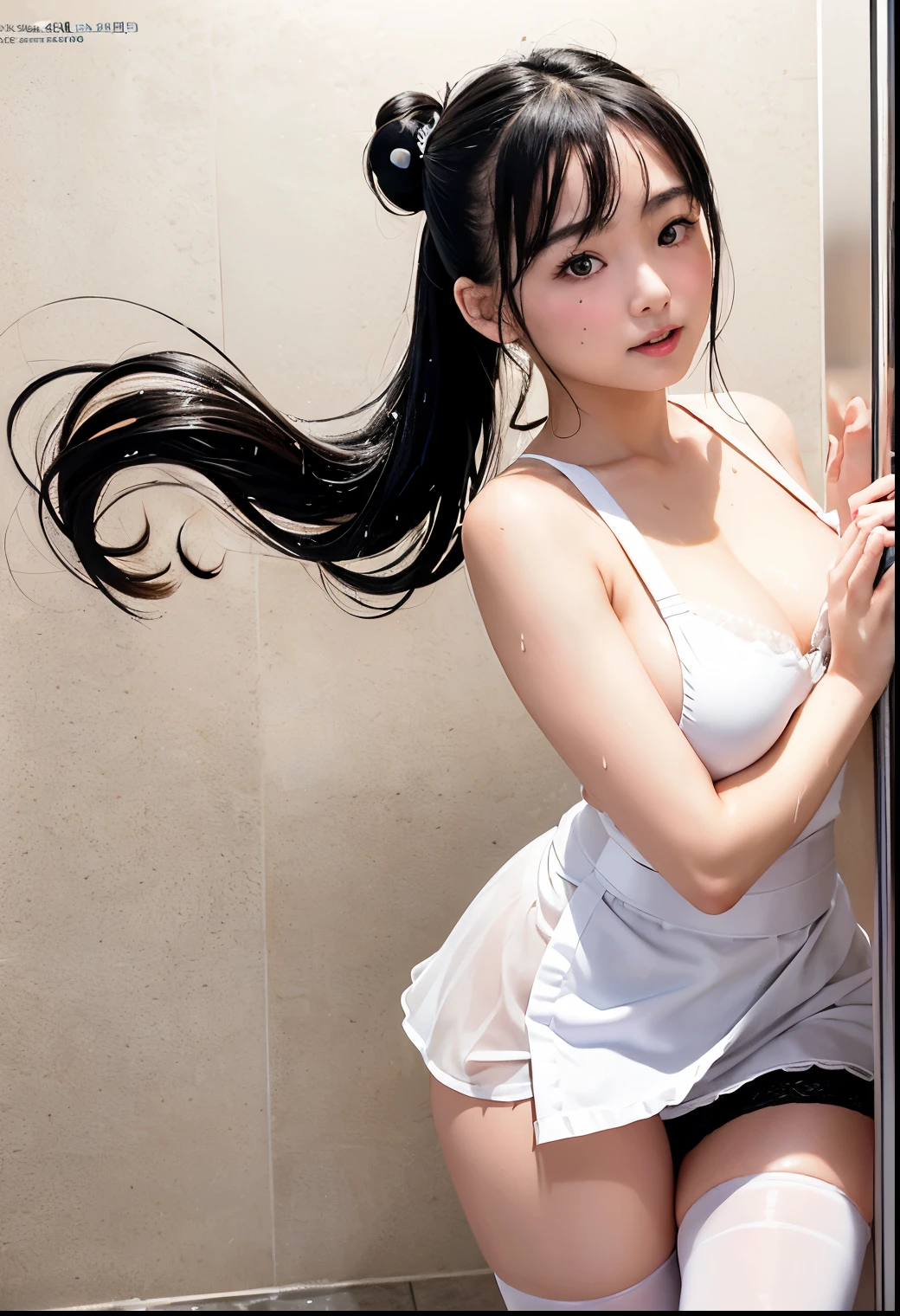 ((top-quality、masterpiece))、(Full body standing shot:1.8)、、(arms behind back,:1.4)(Surreal high school girl Japan in gray high school uniform:1.3), (Just-sized student shirt、Low Cut T-Shirt:1.5),(tome'tome'It's short and you can see your stomach)、(Black Lace Bra), H-cup:1.20, No inner wear、wet, Off-shoulder transparent white shirt:1.2), (extra thin ribbon tie)、(Gray micro mini skirt:1.2、Black Lace Bra、Black lace panties、Black garter belt、Black collar)、(Super Slender:1.2)、(large boob:H-cup:1.2)(masutepiece, Best Quality:1.2), 8K, 13years, 35 mm, Official art, Raw photo, absurderes,(Sadness face:1.3), close up, Upper body, violaceaess, gardeniass, Beautiful Girl, School uniform, (Lie on your back in the shower and stare at the viewer:1.4、kneel in the shower, Looking at the viewer:1.4、Observing the audience on all fours in the shower room:1.4), Shot from above、Shot from below、Looking at Viewer, No makeup, Skinny Fingers, Film grain, chromatic abberation, Sharp Focus, face lights, clear lighting, , Detailed face, Professional Writing、Wet, Sheer shirt、All wet with white calpis、Wet hair with white calpis、Wet and disheveled hair with white calpis、(twintails hairstyle、pony tail hairstyle、Short-cut hairstyles)、A large amount of white calpis is scattered all over the body..、There are plenty of white calpis in the belly..、There are a lot of white calpis between the breasts..、too thin waist、Small buttocks、Miraculously pretty girl、Infant face、con、skinny thigh、Constricted waist、wet and disheveled hair、The floor tiles are broken and cracked、Rubbing your chest、Shower comes out forcefully from the shower head、White calpis drips from the top of my head to my thighs.、Spread your legs wide,Open your legs wide、Erotic,fullllbody、(Clearly visible detailed female pubic shape: 1.4),skirt lift by yourself,No panties、