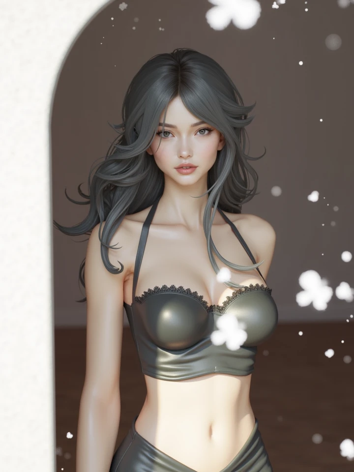 Create A sexy mirror selfie of a doll with a white and black hair