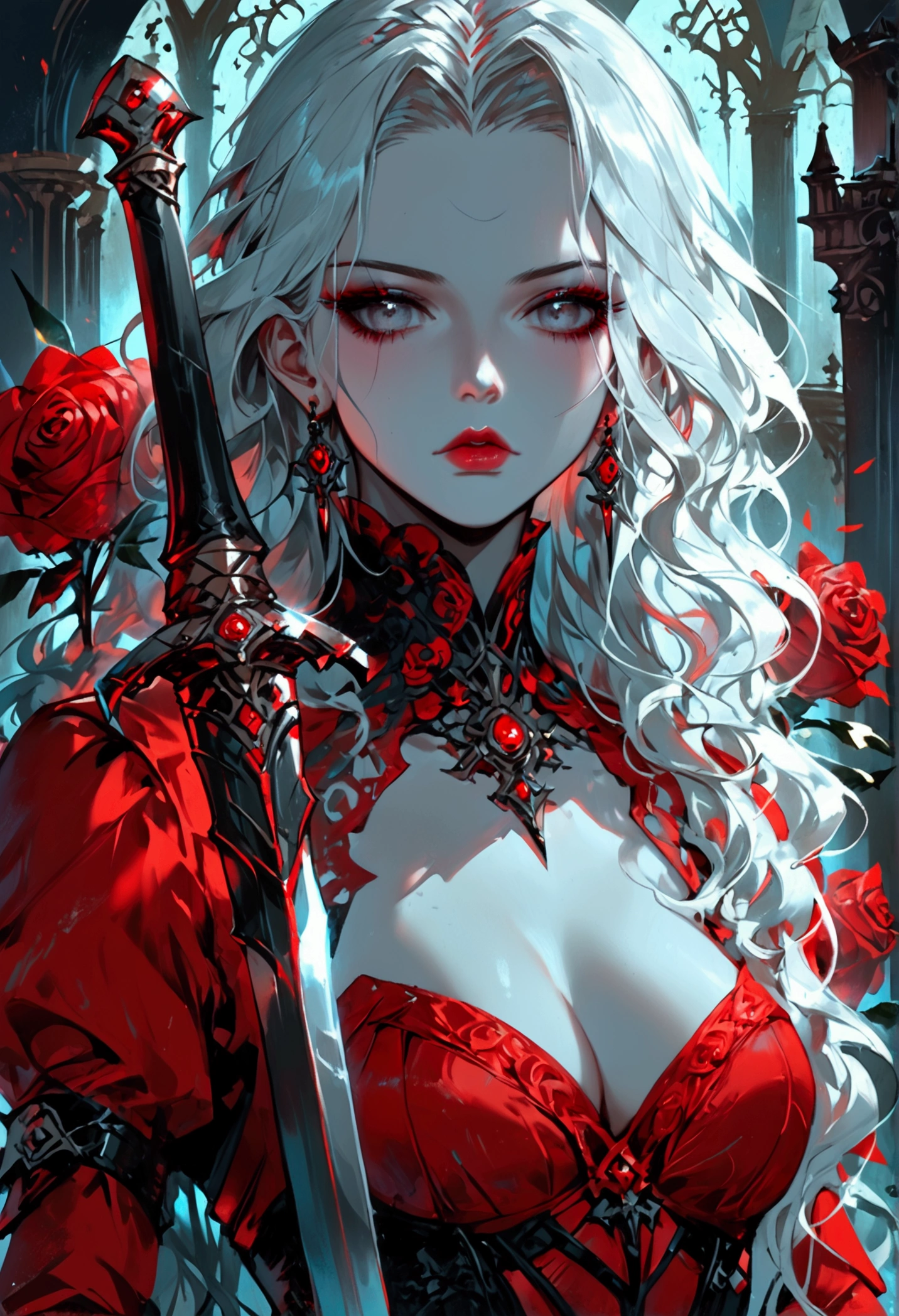 score_9, score_8_up, score_7 Arafed,  Dark fantasy art, fantasy art, goth art, a picture of a female vampire, (full body shot: 1.3) pale white skin, blond hair,  anatomically correct, Ultra detailed face, Best Detailed face, long hair, wavy hair, (glowing grey: 1.3) eyes, she wears a (red: 1.3) red thigh suit, she holds a sword in hand, (ready for battle: 1.4) , the roses are imprinted on the suit (black: 1.4) black roses, high heels, , dark glamour shot, dark castle, dark, black and color, swordsman