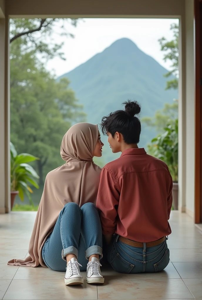 foto outdoor, keluarga Indonesia dengan 2 anggota. seorang pria 35 tahun, wajah bersih, seorang wanita 36 tahun, chubby, memakai hijab, sedang berada di bole, terlihat gapura bali, pose profesional, momen romantis, fotografi profesional, bidikan lebar, foto diambil dari jauh.