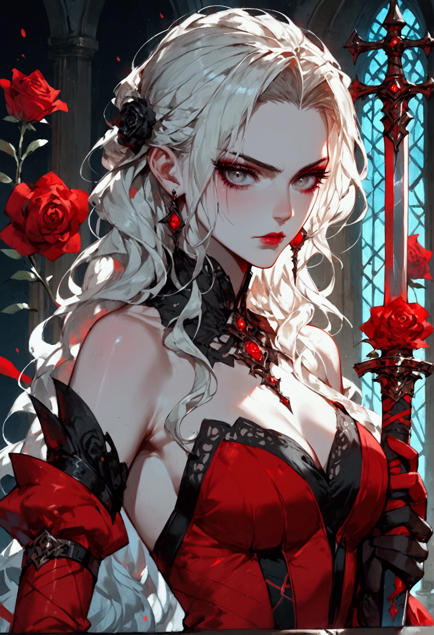 score_9, score_8_up, score_7 Arafed,  Dark fantasy art, fantasy art, goth art, a picture of a female vampire, (full body shot: 1.3) pale white skin, blond hair,  anatomically correct, Ultra detailed face, Best Detailed face, long hair, wavy hair, (glowing grey: 1.3) eyes, she wears a (red: 1.3) red thigh suit, she holds a sword in hand, (ready for battle: 1.4) , the roses are imprinted on the suit (black: 1.4) black roses, high heels, , dark glamour shot, dark castle, dark, black and color, swordsman