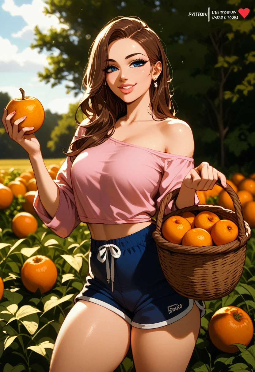  Instagram photo Beautiful woman , 20 years old, Long brown hair , light skin, blue eyes and gorgeous hair , (beautiful smile),  full lips ,  full lips ,  beautiful body ,  thick thighs , (He wears a loose pink shirt with an exposed shoulder and white dolphin shorts) landing in a field,  holds a basket of oranges , A gram,  Daylight falls on her beautiful body ,  dynamic pose ,  high definition , perfect anatomy,